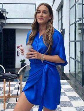 Zara Satin Effect Wrap Dress Cobalt Blue Women's Small Vacation Resort Party